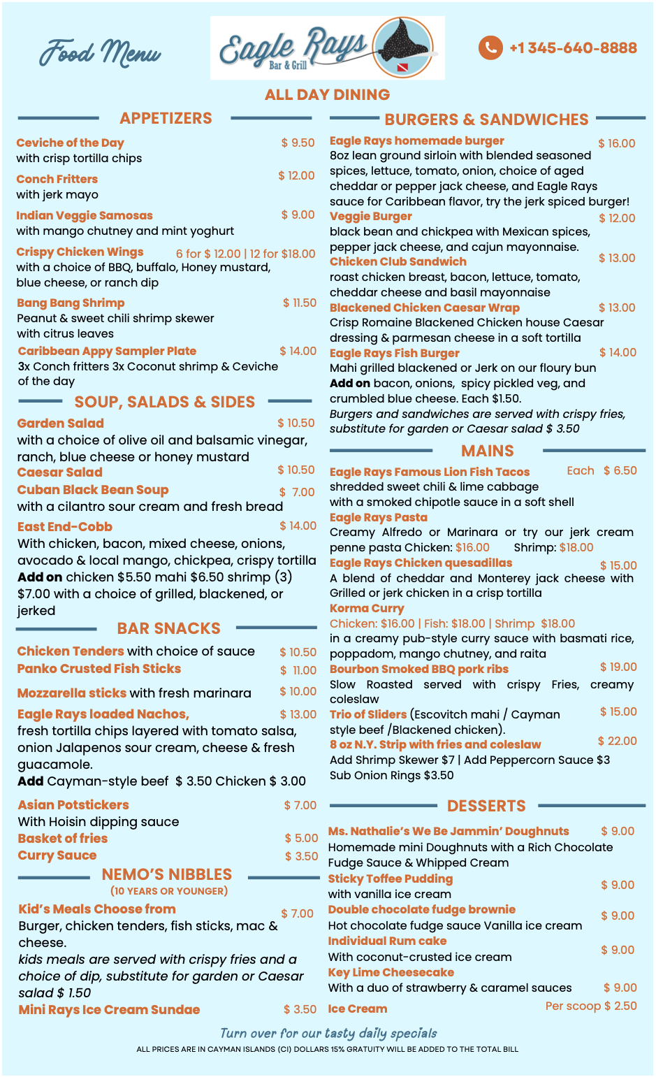 Eagle Rays Main Menu Lunch and Dinner